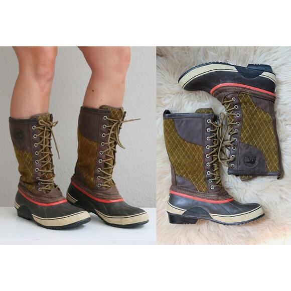 Sorel Winter Leather Waterproof Tall Snow Boots ~ Women's Size 10 ~ Olive Rubber - Picture 1 of 9